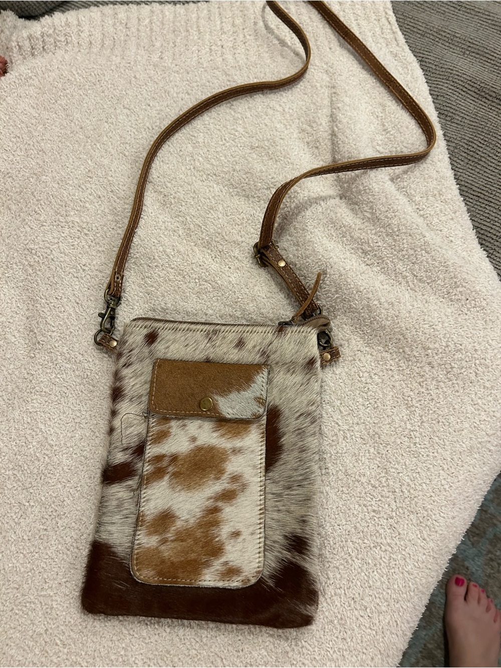 Myra Bag Brown and White Cowhide Crossbody Phone Pouch